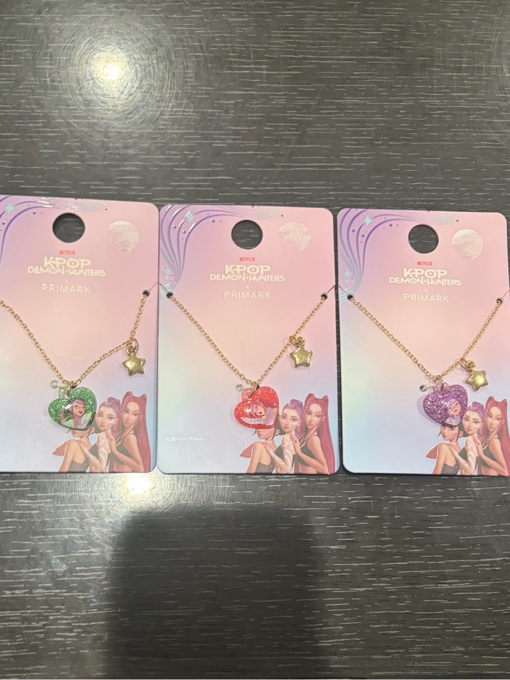 Primark Heart Charm Necklace Trio in Green, Red & Purple with Gold Star